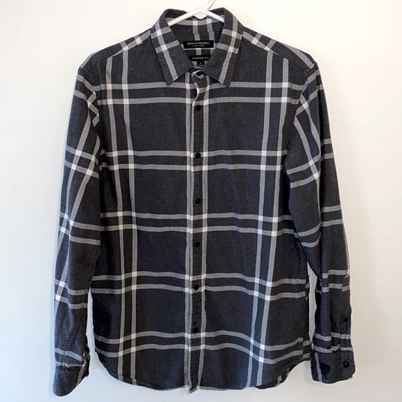 Banana Republic Luxe Flannel Camden Plaid shirt Grey Sz M - Picture 1 of 5